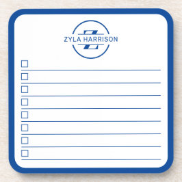 Posavasos Lista de tareas con monograma de nombre en azul mo