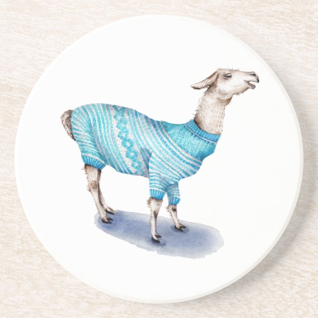 Posavasos Llama acuarela en suéter azul (Frente)