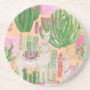 Posavasos Llamas acuarelas, cactus: patrón sin costura.