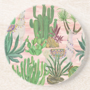 Posavasos Llamas acuarelas y patrones de cactus.