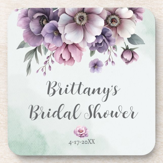 Posavasos Lluvia de Regalos de Boda Lavanda y Floral Verde (Frente)