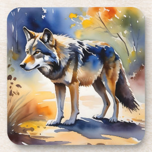 Posavasos Lobo en una pintura de acuarela del bosque