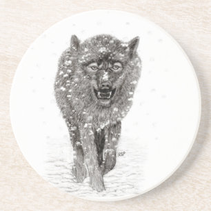 Posavasos Lobo negro enojado en la nieve, invierno salvaje