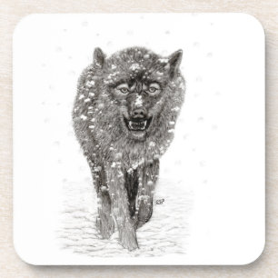 Posavasos Lobo negro enojado en la nieve, invierno salvaje