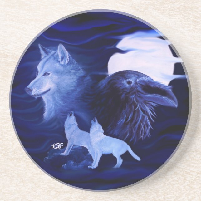 Posavasos Lobos y Raven con luna llena (Frente)