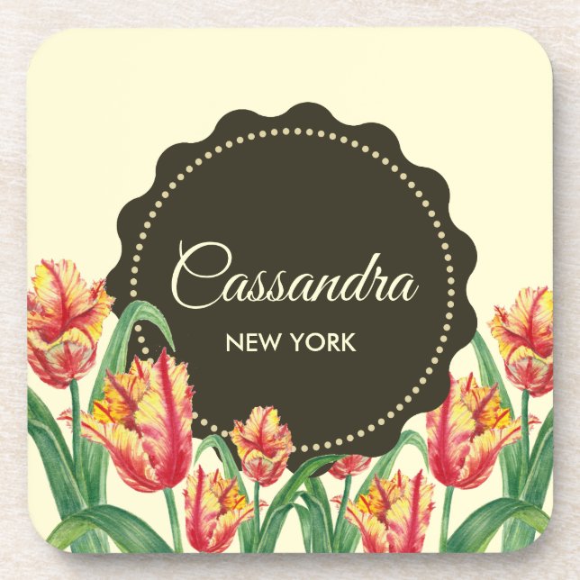 Posavasos Loro amarillo acuarela Tulips Arte floral (Frente)