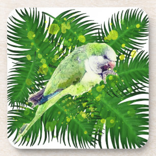Posavasos Loro verde y hojas de palmera acuarela