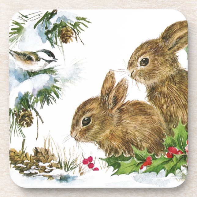 Posavasos Los conejos y las aves disfrutan de la nieve (Frente)