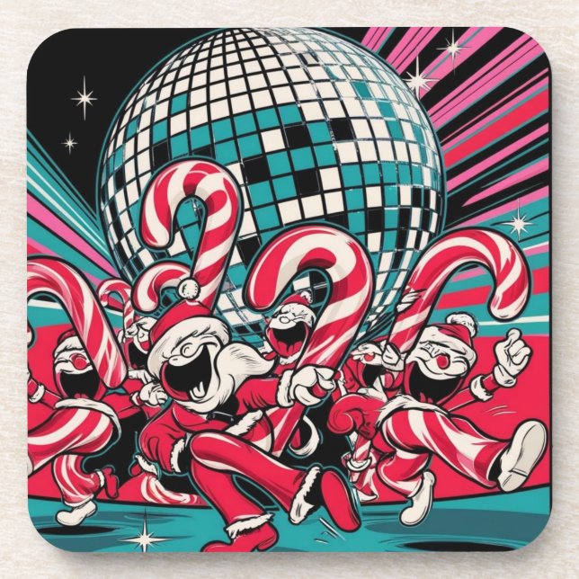 Posavasos Los elfos de Santa Candy Canes bailan bajo disco (Frente)