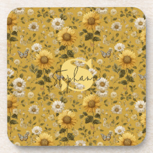 Posavasos Los girasoles y las mariposas en fondo amarillo 1