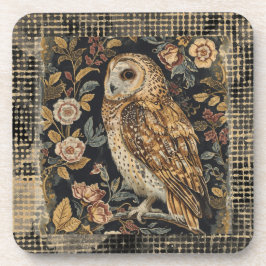 Posavasos Lovely Owl in the Flowers Garden ,Gold Checkered