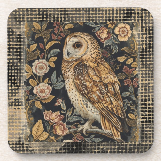 Posavasos Lovely Owl in the Flowers Garden ,Gold Checkered (Frente)