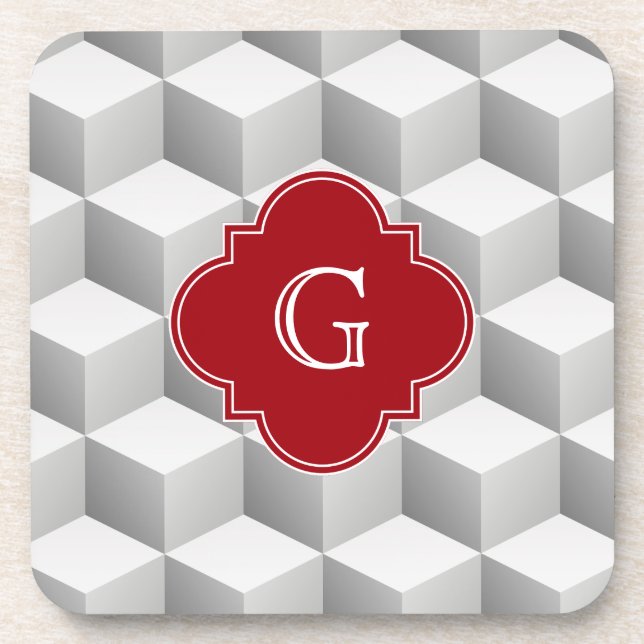 Posavasos Lt Gris Blanco 3D Aspecto Cubos Cranberry Monogram (Frente)