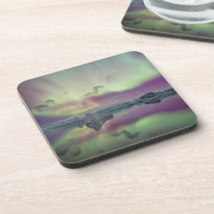 Posavasos Luces de Aurora reflejan laguna   Islandia