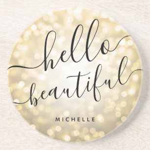Posavasos Luces de oro personalizadas "Hello Beautiful"