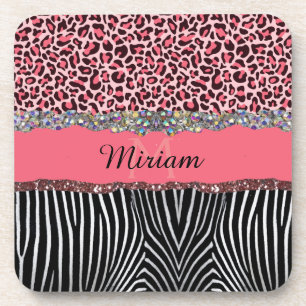 Posavasos Lujo Glitter Rosa Brillante Estampado de Leopardo