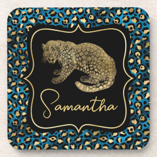 Posavasos Lujo Monograma Dorado Animal Estampado Leopardo Az