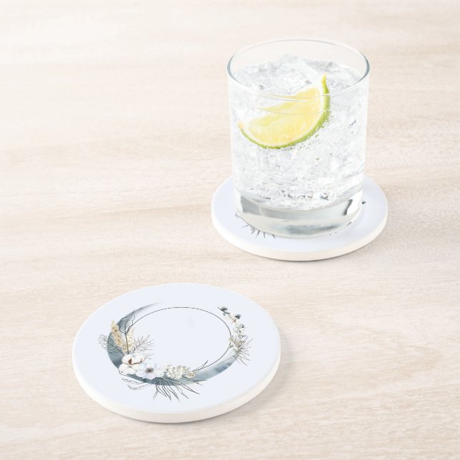 Posavasos Luna de la Media Luna Azul con flores blancas (Lado)