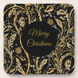 Posavasos Luxury Black Gold Flowers Pattern, Merry Christmas