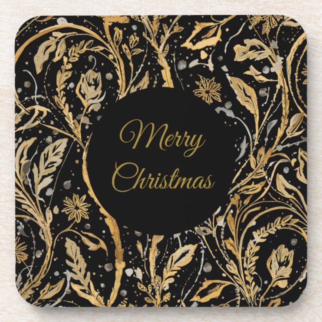 Posavasos Luxury Black Gold Flowers Pattern, Merry Christmas (Frente)