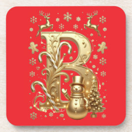 Posavasos Luxury Gold Letter B Snowman Red Coaster Set