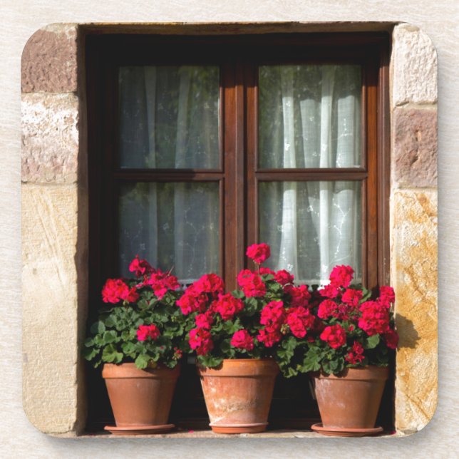 Posavasos Macetas de flores en la ventana en el pueblo (Frente)