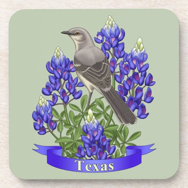 Posavasos Mackingbird del estado de Texas y Flor de Bluebonn (Frente)