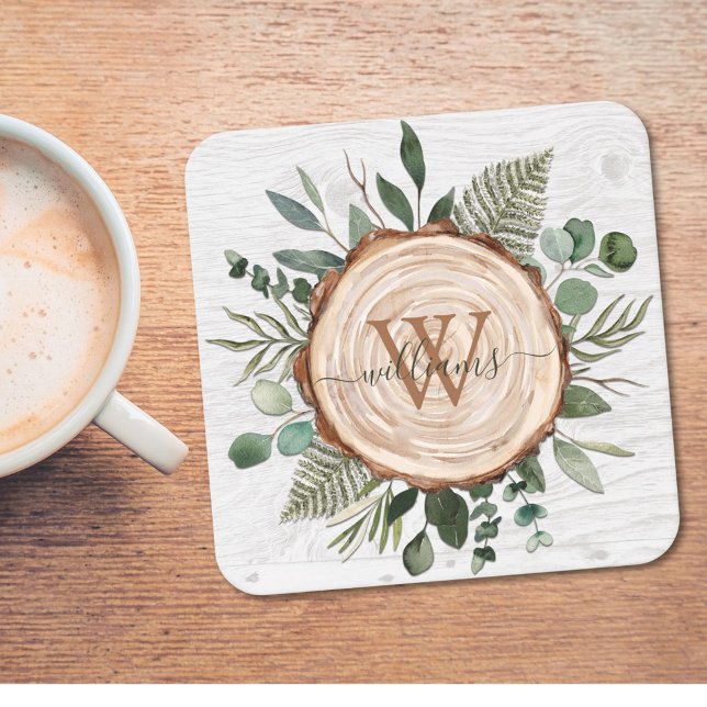 Posavasos Madera de hojas de eucalipto verde Monogram Foliag (In situ)