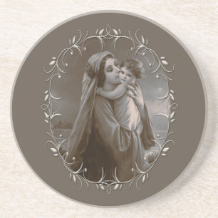 Posavasos Madonna vintage y niño con marco plateado