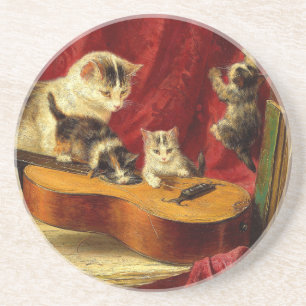 Posavasos Madre gata y gatitos jugando con guitarra