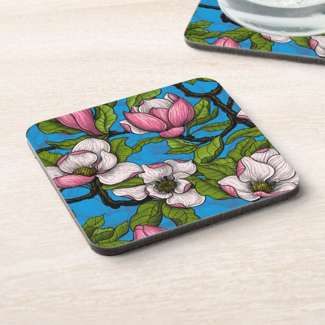 Posavasos Magnolia floreciente en azul (Lado Izquierdo)