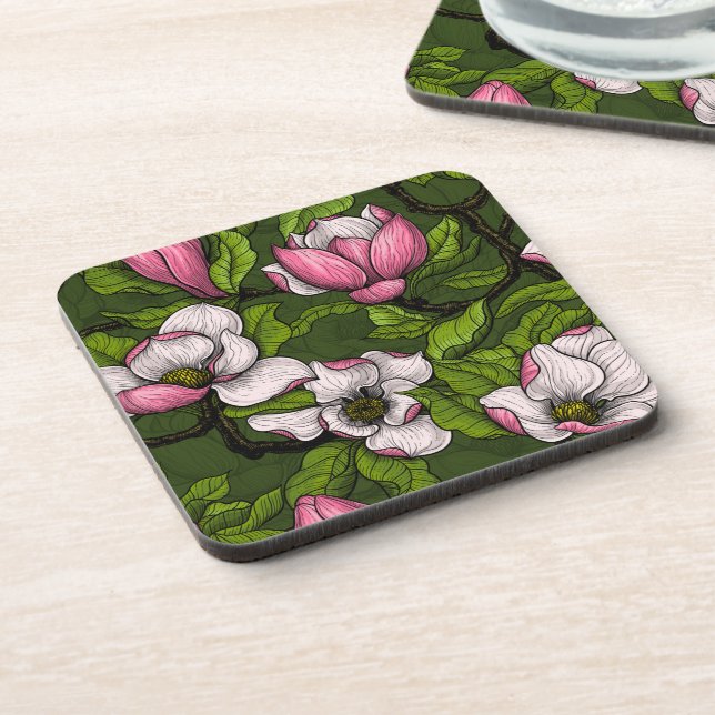 Posavasos Magnolia floreciente en verde oscuro (Lado Izquierdo)