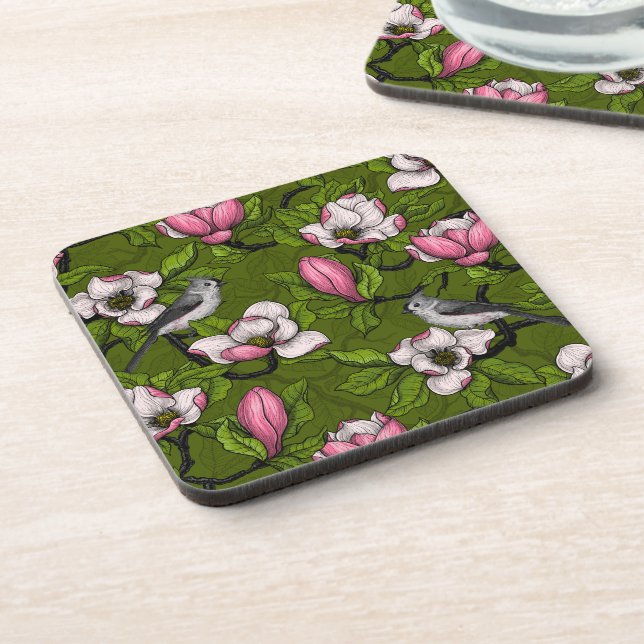 Posavasos Magnolia y pájaro del titmouse 2 (Lado Izquierdo)