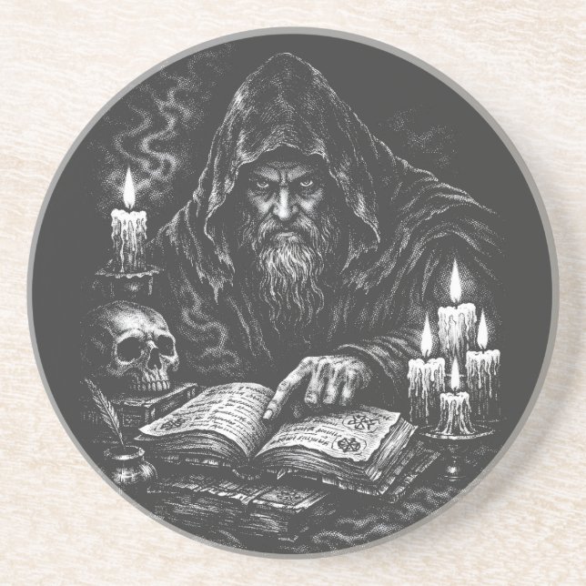 Posavasos Mago estudiando el grimorio — por BurnsInHell (Frente)