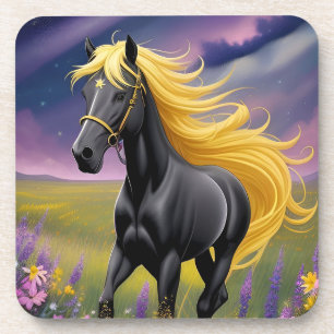 Posavasos Majestuoso caballo negro con melena dorada fluida
