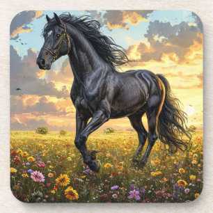 Posavasos Majestuoso caballo negro galopando a través de una