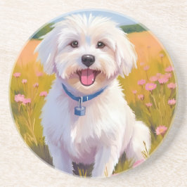 Posavasos Maltese Dog Flower Field Painting