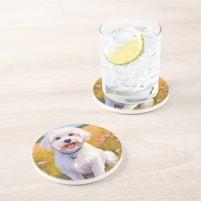 Posavasos Maltese Dog Flower Field Painting (Lado)