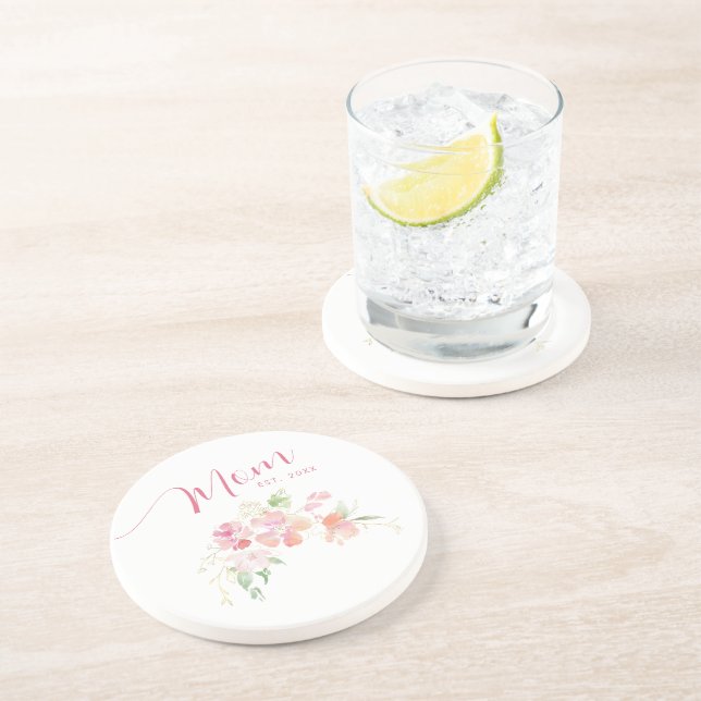 Posavasos Mamá estableció la acuarela floral rosa Rubor (Lado)