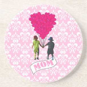 Posavasos Mamá, niños con globos en forma de corazón