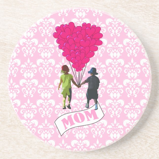 Posavasos Mamá, niños con globos en forma de corazón (Frente)