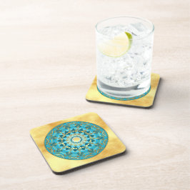 Posavasos Mándala azul dorado sobre fondo de oro suave