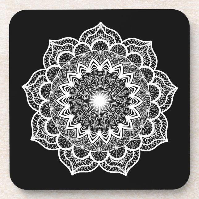 Posavasos Mandala Blanco sobre Fondo Negro (Frente)