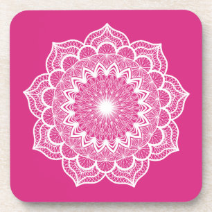 Posavasos Mandala blanco sobre fondo rosa