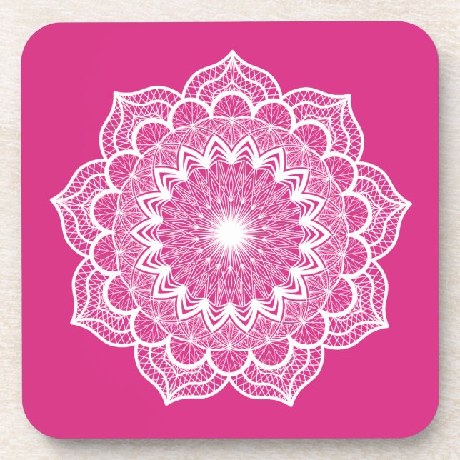 Posavasos Mandala blanco sobre fondo rosa (Frente)