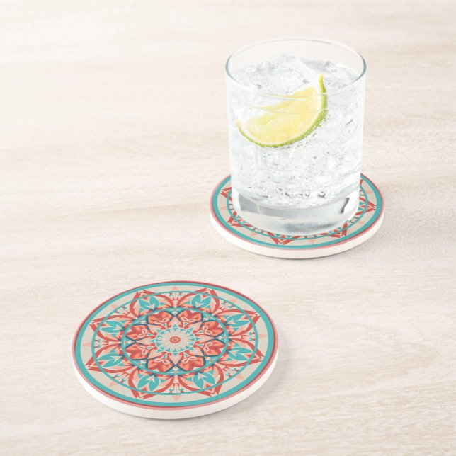 Posavasos Mandalá boho de naranja y turquesa (Lado)