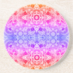 Posavasos Mandala caleidoscópico en azul, amarillo y rosa