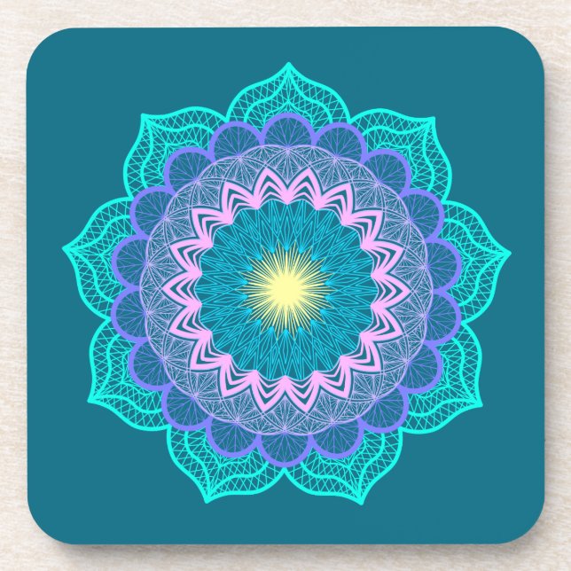 Posavasos Mandalá Colorido sobre Fondo Azul (Frente)
