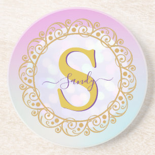 Posavasos Mándala de monograma personalizado dorado y azul