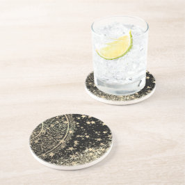 Posavasos Mandala encantadora con estrellas de oro en negro 